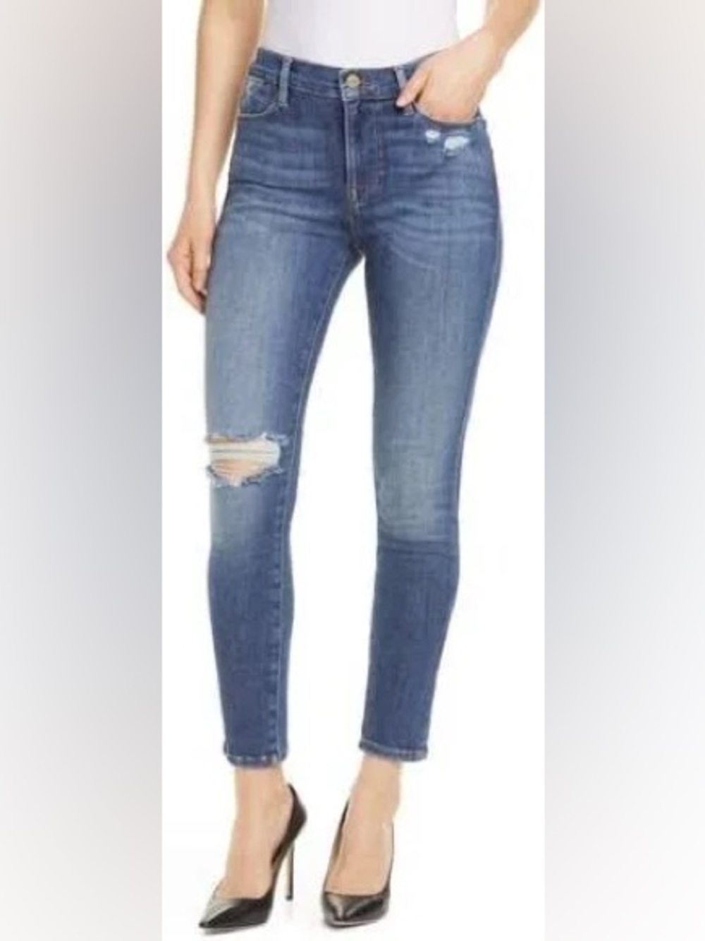 Frame Denim Le High Skinny Jeans in Dark Wash with Distressed Knees